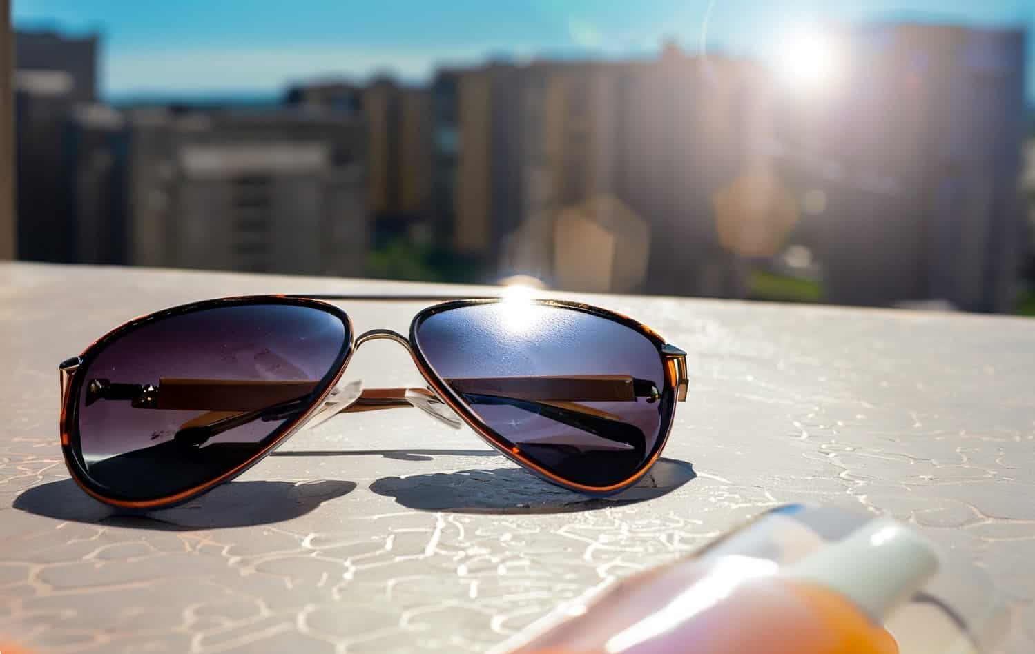 Firefly Sunglasses and sun protection cream on the city with a sunny and very hot day 75063